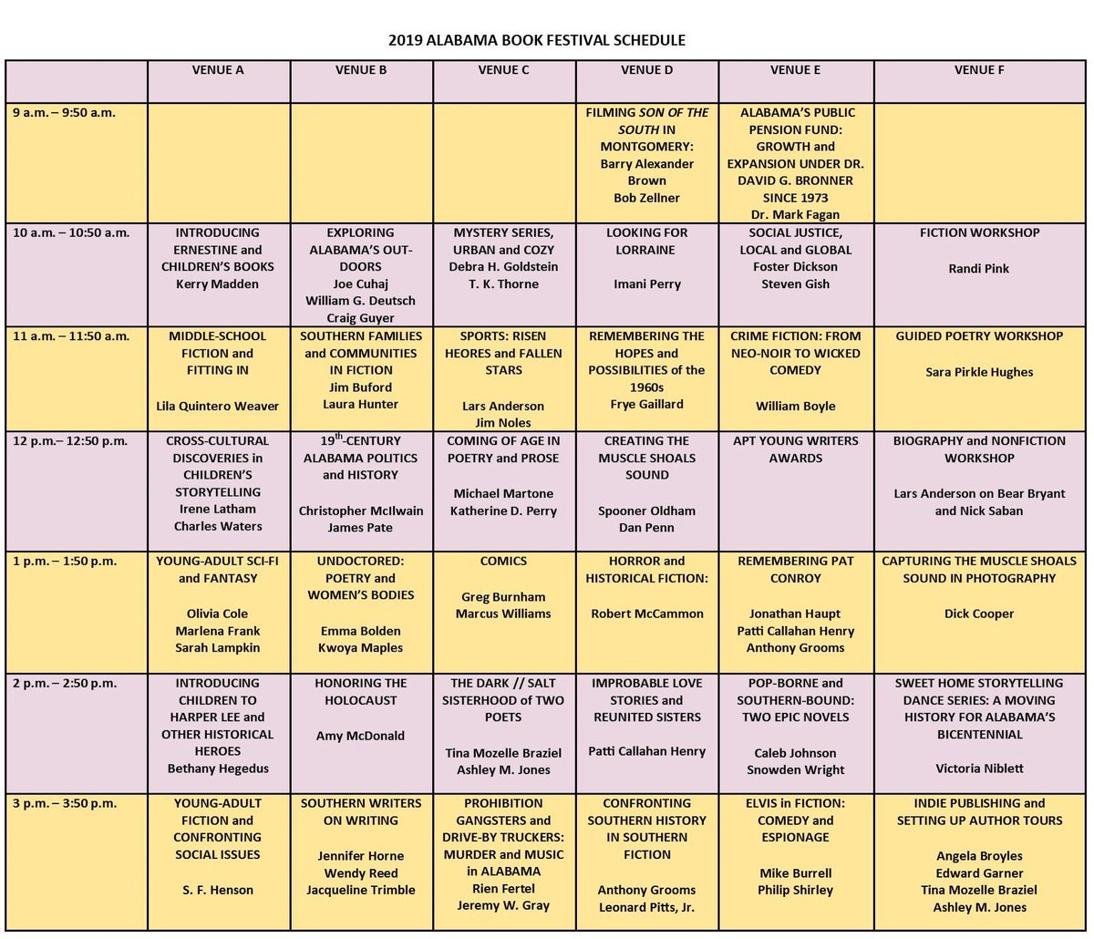 Got your Saturday planned yet? Check out the schedule of authors for tomorrow's #AlabamaBookFestival. We've got something for fans of fiction, non-fiction, poetry, history, sports, music and more! Hope to see you there! buff.ly/2JkGfTF #anabranch #booklovers