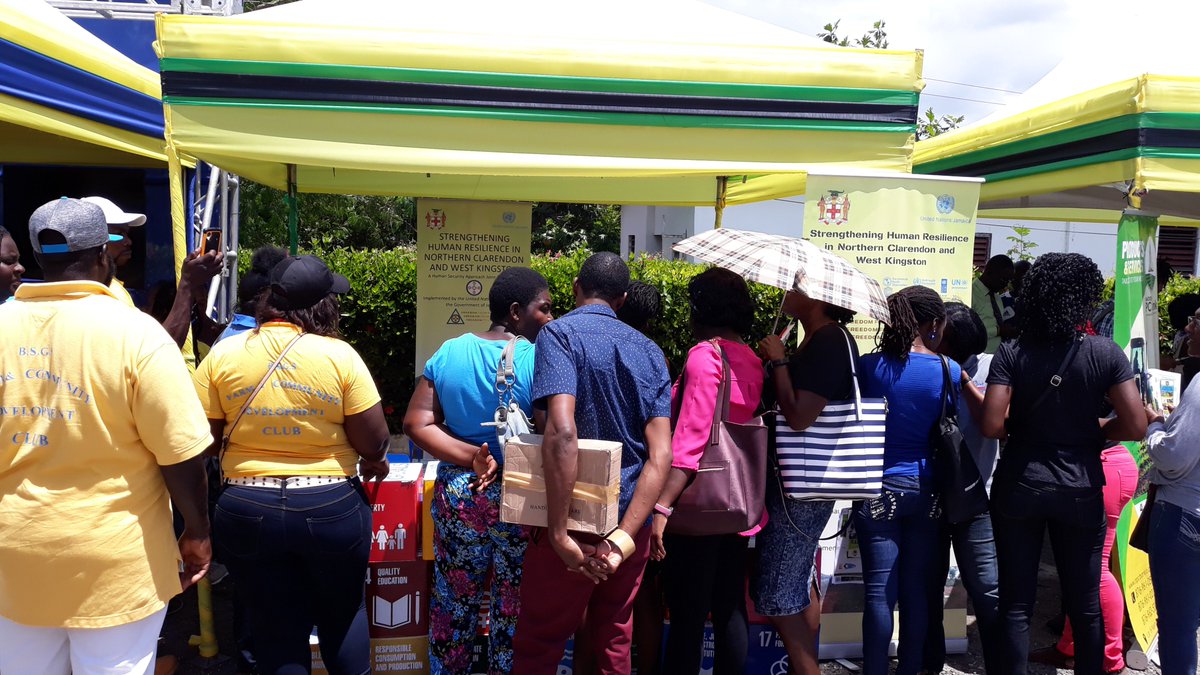 UNJamaica's tweet photo. UN JA's 1st joint project showed visitors at this agro-econ fair (apr 9) how we intend to build resilience to food, income &amp; water insecurities by helping farmers access water, &amp; small biz access grants &amp; training. This is how we do security #HumanSecurity #CleanWater #ZeroHunger https://t.co/DfQp0bXa65