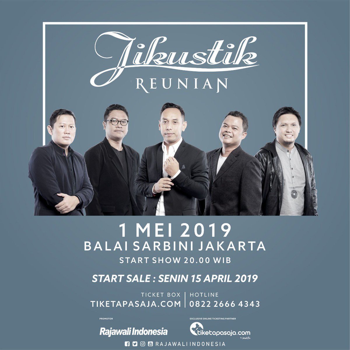 Konser Jikustik Reunian

📅 Rabu, 1 Mei 2019
📍 Balai Sarbini Jakarta
🕗 Start Show 8PM

Exclusive Online Ticketing Partner :
<a href="/tiketapasaja/">Tiketapasaja</a> by @melonindonesia

PROMOTER :
<a href="/RajawaliIndo/">Rajawali Indonesia</a>

HOTLINE :
08 222 666 4343

#jikustik
#jikustikreunian
#jikustikreunianjakarta