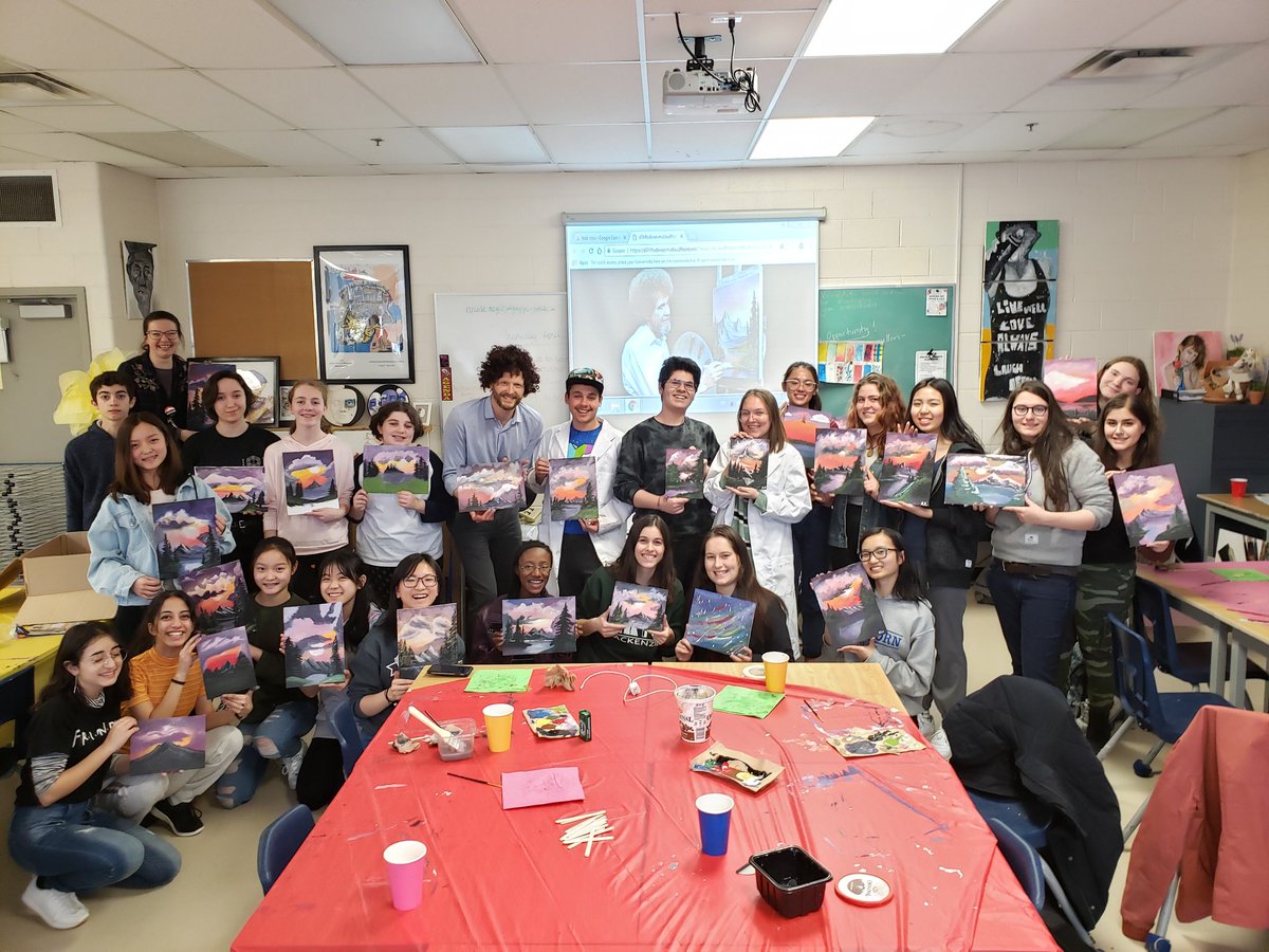 amhsvisa's tweet photo. ACC held their first ever Bob Ross paint party! A definite do-over.  Even had a special appearance from Fogg Ross! Thanks to everyone who came out and  made it so much fun! https://t.co/MYM1VcXkKz