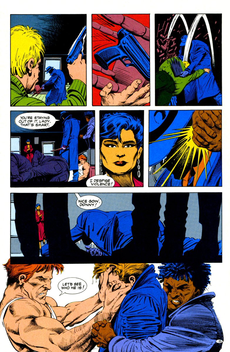 Earlier in the issue you get a good look at Vic& #39;s fighting style. He& #39;s very much a brawler, a two-fisted street fighter who fights in a very straight line with narrow-minded focus. Which is why he can& #39;t touch Shiva. She fights and exists beyond his understanding.