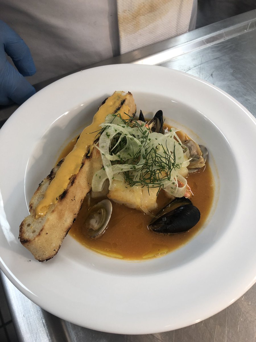 m_janke99's tweet photo. This week was #chefinres and we had a great time producing these beautiful dishes with @ChefHawksworth Here we have a Beet & Goat Cheese Salad, Bouillabaisse with Grilled Focaccia and Rouille, and a Vanilla Panna Cotta. Yum! https://t.co/G5PXRxTo8z