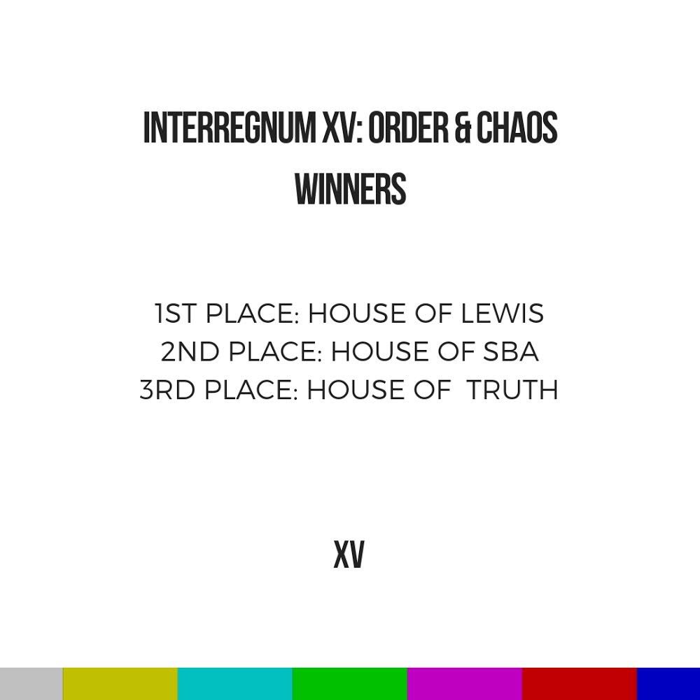 tkcinterregnum's tweet photo. Congrats to @House_of_Lewis for winning Interregnum XV! And congrats to @HouseOf_SuzieB and @houseofsojo for taking home 2nd and 3rd. #interregnumXV https://t.co/m7eVH1Ea6Z