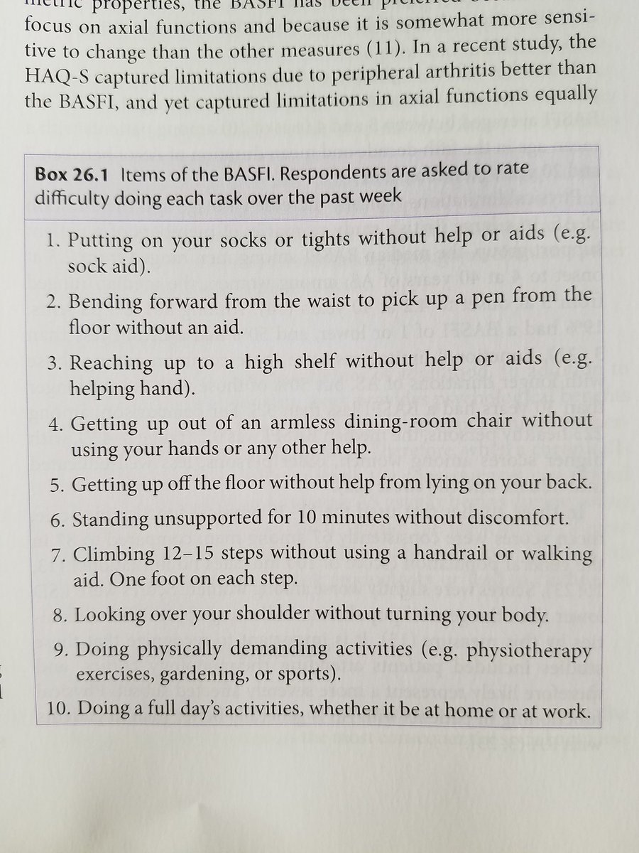 BeingCharisBlog's tweet photo. This image is from the Oxford Textbook of Axial Spondyloarthritis.

The BASFI (Bath Ankylosing Spondylitis Functional Index) is used to determine functional limitations in someone with #AnkylosingSpondylitis.

My worst #pain/#fatigue is from standing longer than a minute. https://t.co/VmJEk73sTU