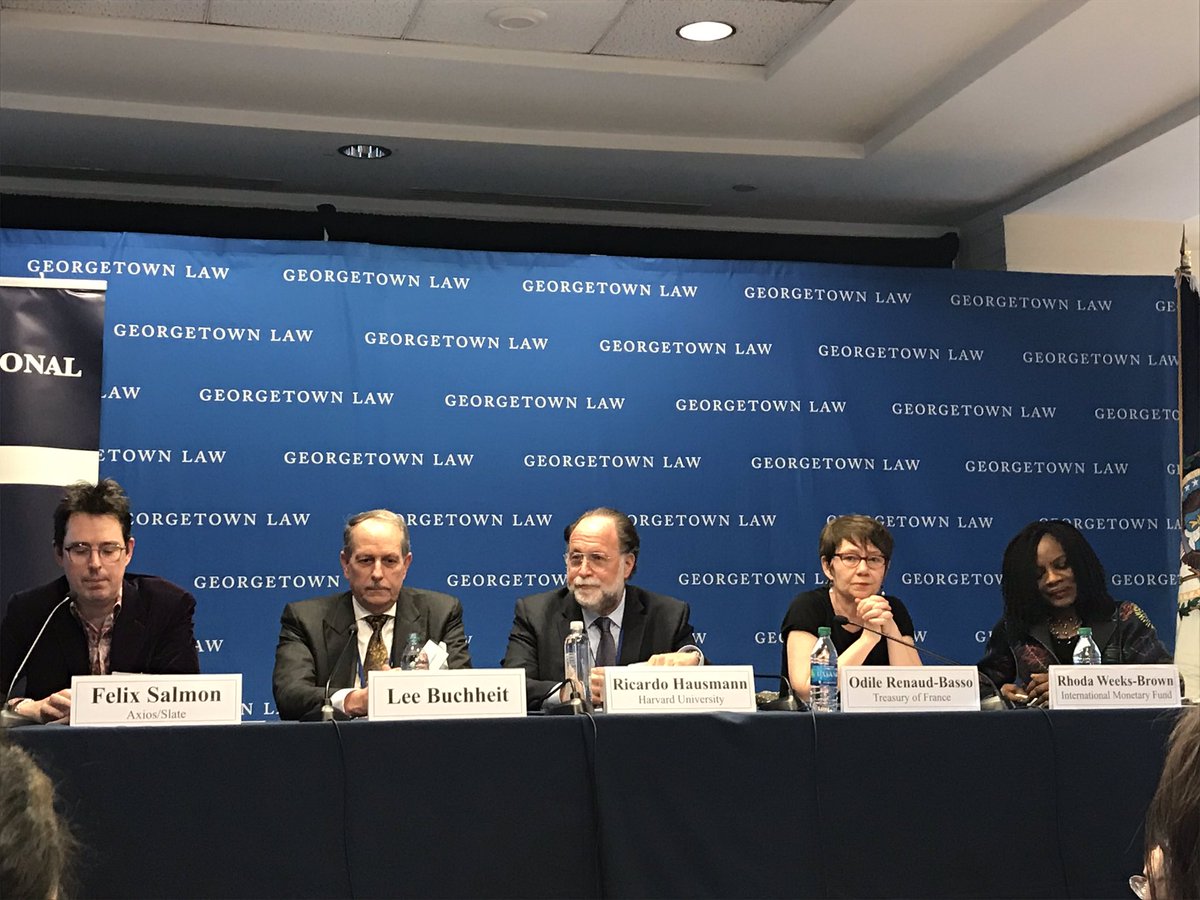BenBartenstein's tweet photo. Interesting closing panel at #DebtCon3 involving some potentially key players in #Venezuela debt restructuring: Veteran lawyer Lee Buchheit, Harvard economist @ricardo_hausman and the IMF. Discussion ranged from odious debt to collateralized loans and possible index removal. https://t.co/4gcGzobq5n