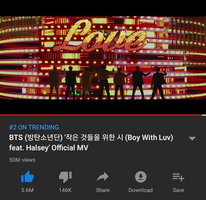 BTSARMY_RD's tweet photo. [INFO] @BTS_twt 

El video musical de 'Boy With Luv' ft. Halsey se convierte en el video musical más rápido en conseguir 50+ millones de visitas en solo 13 horas y 12 minutos, superando el récord de 'IDOL' que fue 50 millones en 21 horas.

#BoyWithLuv #BTS
Cr. btsanalytics 

—🐥 https://t.co/JoyfUh1n0N