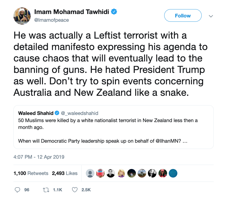 No, the man who massacred 50 Muslims in NZ wasn't a "leftist terrorist." He's a proud, proven white supremacist who continues to be celebrated by white supremacists. The manifesto title: The Great Replacement.   https://twitter.com/a_picazo/status/1108954033761345542 Yes, you're putting Ilhan's life in danger.