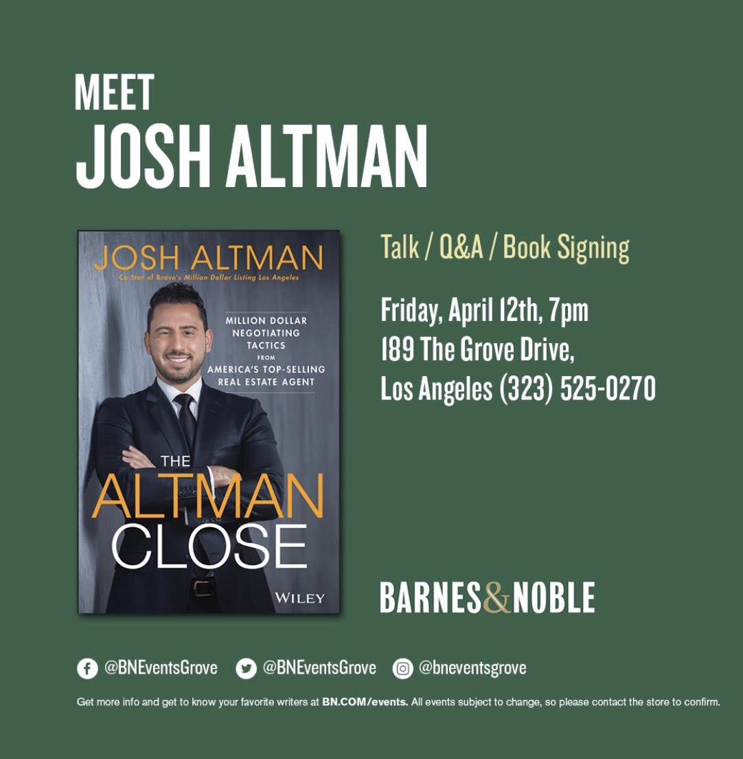 Josh Altman (@thejoshaltman) on Twitter photo TODAY, Friday, April 12th at 7pm - I want to meet you at my #TheAltmanClose book signing at The Grove in LA at Barnes&Noble. Meet and Greet, Talk, Q&A and Signing. Hope to see you there! <a href="/thegrovela/">The Grove LA</a> <a href="/barnesandnoble/">barnesandnoble</a> <a href="/bneventsgrove/">Barnes & Noble Events The Grove</a> TODAY, Friday, April 12th at 7pm - I want to meet you at my #TheAltmanClose book signing at The Grove in LA at Barnes&Noble. Meet and Greet, Talk, Q&A and Signing. Hope to see you there! <a href="/thegrovela/">The Grove LA</a> <a href="/barnesandnoble/">barnesandnoble</a> <a href="/bneventsgrove/">Barnes & Noble Events The Grove</a>