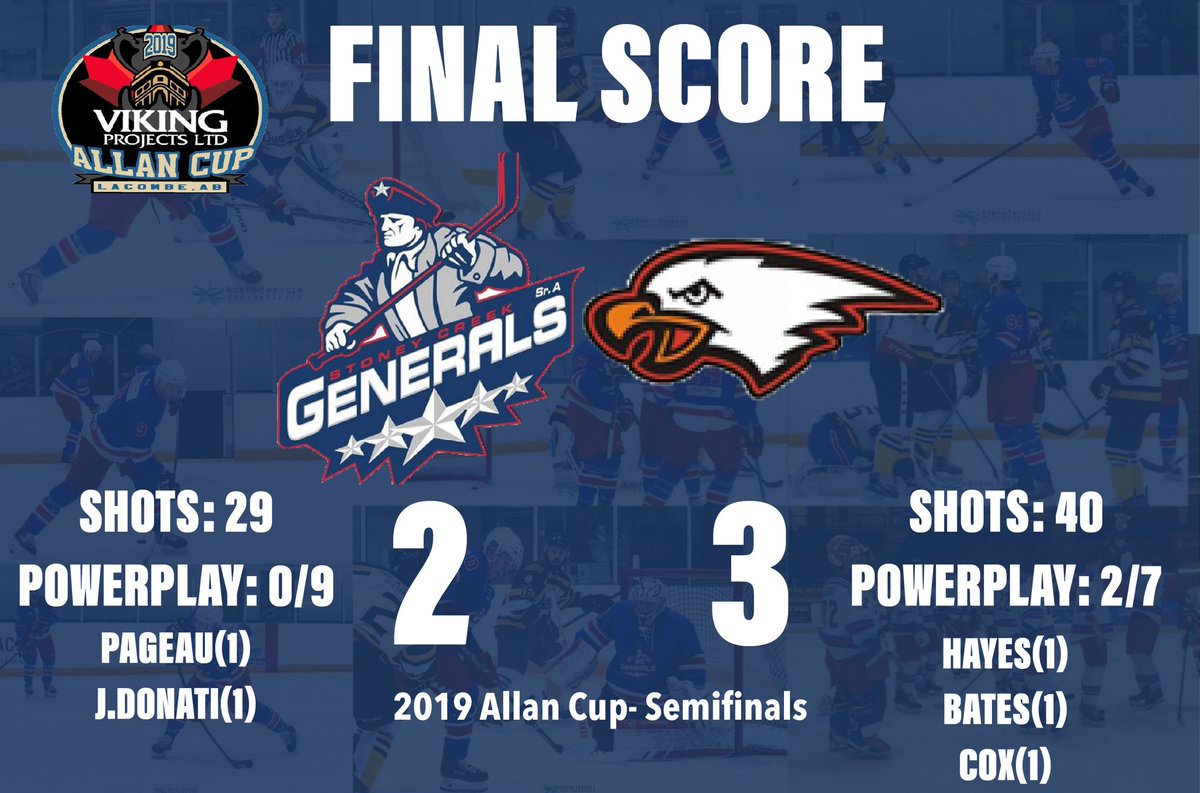 StoneyCreek Generals (@scgenerals) on Twitter photo Final Score! Eagles score late in the 3rd period to defeat the Generals 3-2 ending a impressive season and Allan Cup run! Best of luck to the Eagles in the Allan Cup Championship tomorrow evening <a href="/AllanCup/">Doug Mathieson</a> <a href="/innisfaileagles/">Innisfail Eagles</a> Final Score! Eagles score late in the 3rd period to defeat the Generals 3-2 ending a impressive season and Allan Cup run! Best of luck to the Eagles in the Allan Cup Championship tomorrow evening <a href="/AllanCup/">Doug Mathieson</a> <a href="/innisfaileagles/">Innisfail Eagles</a>