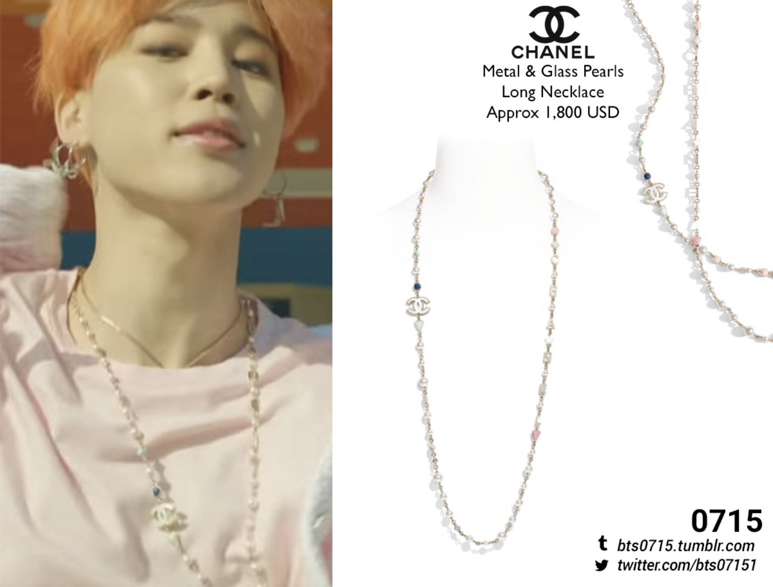 Bts0715 ⁷ on X: 190412 #BTS #방탄소년단 #JIMIN #박지민 Chanel - Metal & glass  pearls long necklace #BoyWithLuv50M @BTS_twt  / X