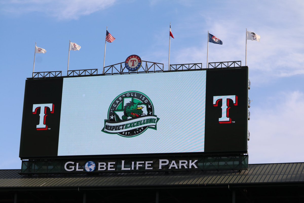 Go Rangers and go Dragons! Thanks <a href="/Rangers/">Texas Rangers</a> for having us out for Carroll Night at the Ballpark, complete with <a href="/CarrollChoir/">Carroll Choir</a> singing the National Anthem and Coach Riley Dodge throwing out the ceremonial first pitch!
