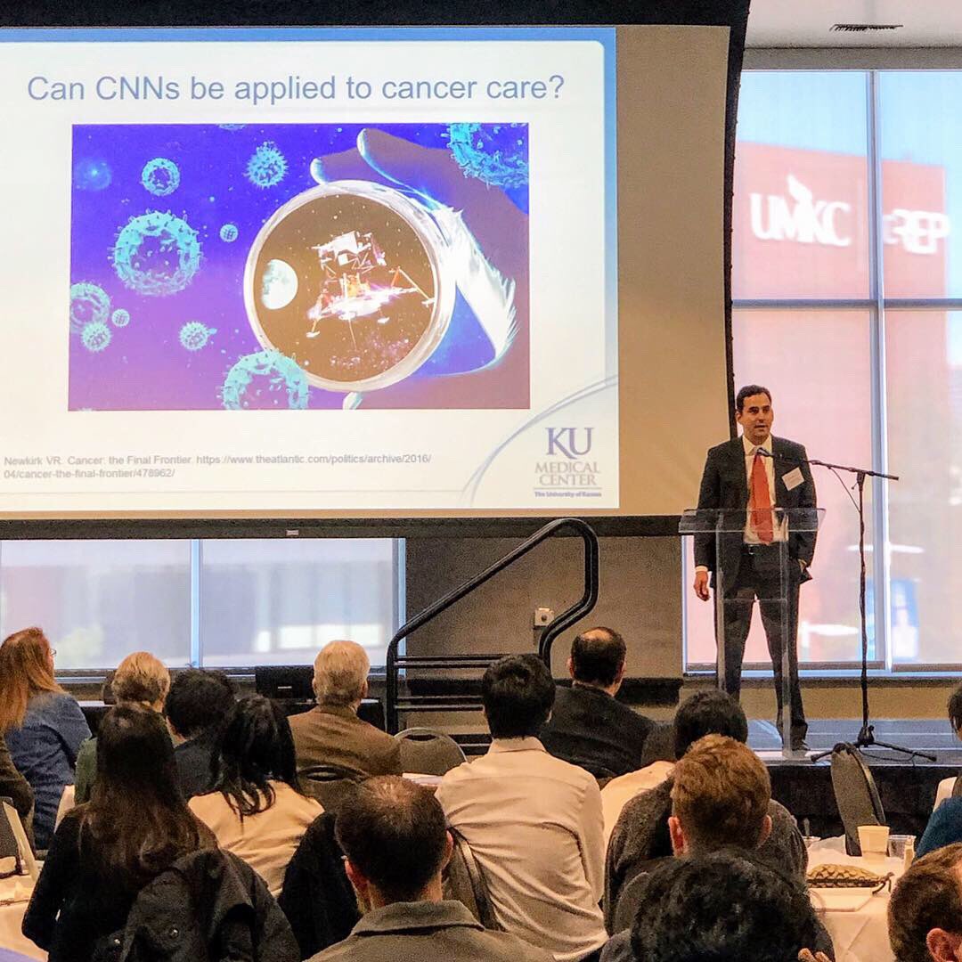 KU_ENT's tweet photo. At todayโs @BioNexusKC #MWBioinformatics Conference in #KC, Andrรฉs Bur MD @drandresbur shared highlights of our clinical research @ku_ent focused on leveraging #MachineLearning to identify +mitigate risk factors for tumor recurrence & progression in #HeadAndNeckCancer #ENTSurgery https://t.co/o6UR9aNINs
