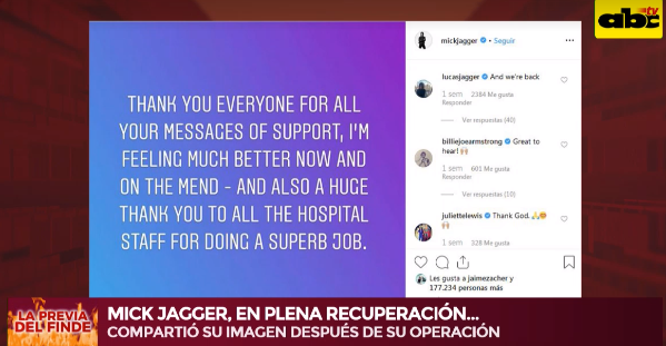ABCTVpy's tweet photo. Más de 222.000 likes en Instagram y unos 56.000 en Twitter generó la primera fotografía que publicó el líder de los Rolling Stones, Mick Jagger, tras haberse sometido a una operación del corazón.
#AntesQueArda🔥 #LaPreviaPy
📲 Seguinos en https://t.co/ZvwJlbwdHn #ABCTVpy https://t.co/gXTar3qVP8
