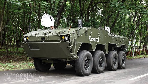 TATA Kestrel an armoured personnel carrier developed by TATA & DRDO and is fitted with 30mm Autocannon, 7.62 coaxial machine gun & 40mm Grenade launcher. It can also add up with 2 anti-tank guided missile launcher. This is most advanced version of Troop movement attack vehicle.