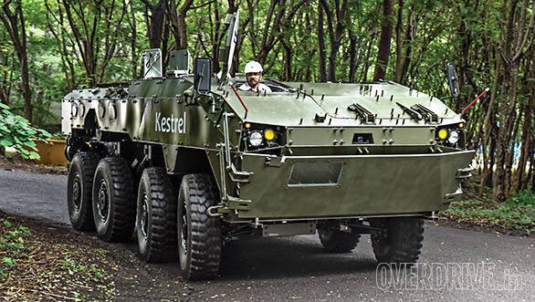 TATA Kestrel an armoured personnel carrier developed by TATA & DRDO and is fitted with 30mm Autocannon, 7.62 coaxial machine gun & 40mm Grenade launcher. It can also add up with 2 anti-tank guided missile launcher. This is most advanced version of Troop movement attack vehicle.
