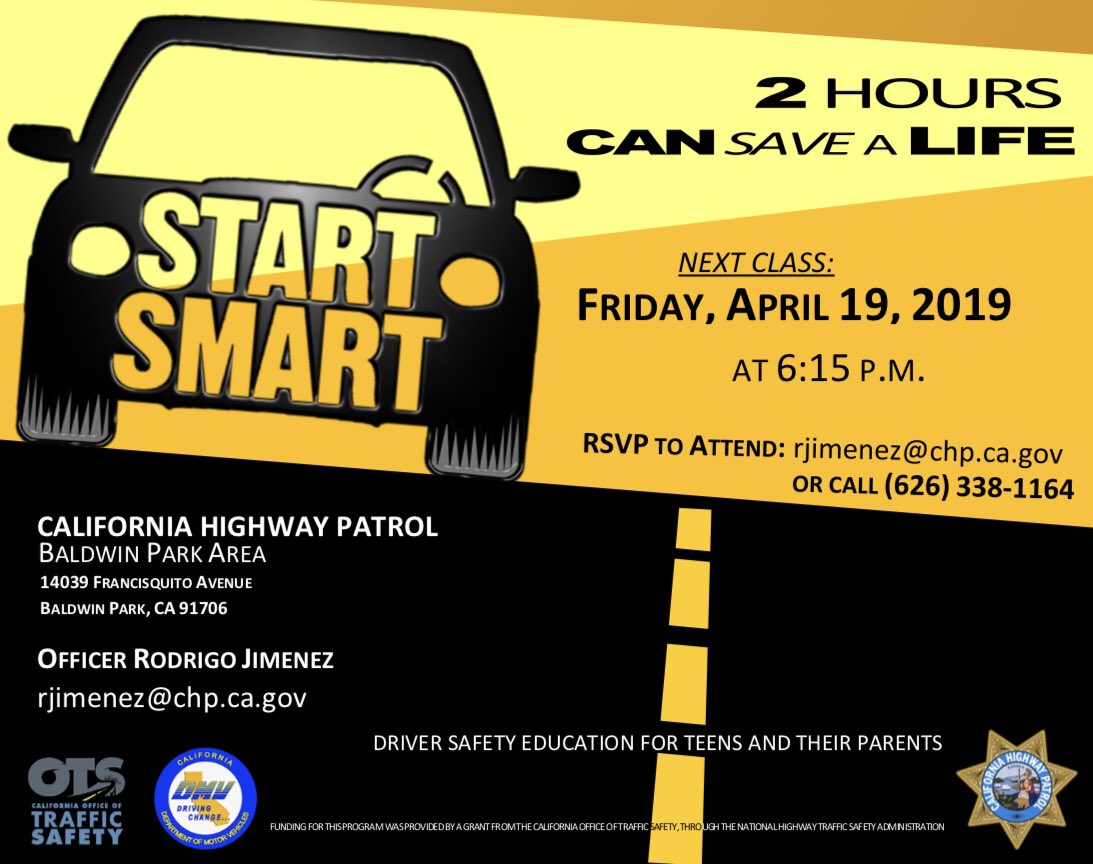 CHPBaldwinPark's tweet photo. FREE Start Smart Class (TEEN Driver Safety) on Friday, April 19th at 6:15 PM.

To reserve your spot, email rjimenez@chp.ca.gov

Class will be held at:
CHP-Baldwin Park Area Station
14039 Francisquito Avenue
Baldwin Park, CA 91706

#CHP #Driver #safety #class #new #teen https://t.co/Kj6H66PWXd