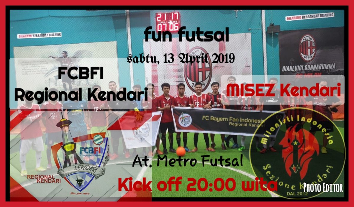 Fun futsal Vs FCBI Reg. Kendari Leg 2
Sabtu, 13 April 2019
Pukul, 19:30 wita. Kick off 20:00 wita
At metro futsal
<a href="/MilanistiOrId/">Milanisti Indonesia</a>