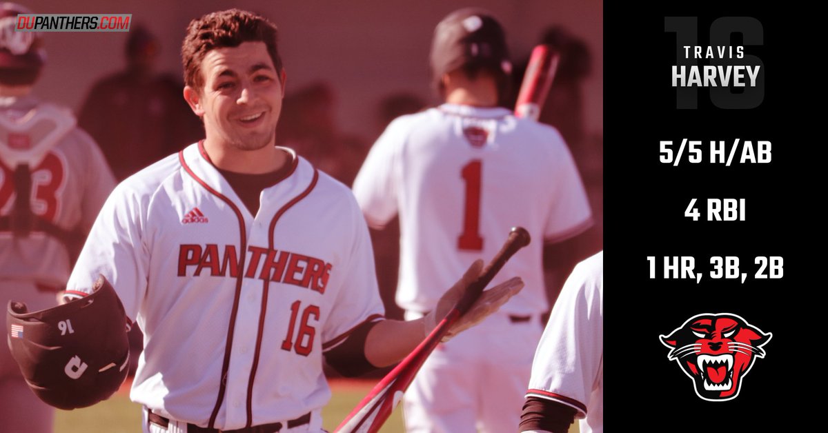 DU_BSBALL's tweet photo. Travis Harvey becomes the first Panther to ever hit for the cycle going 5-for-5 at GVSU! @dupanthers https://t.co/kWNXsqTZAC