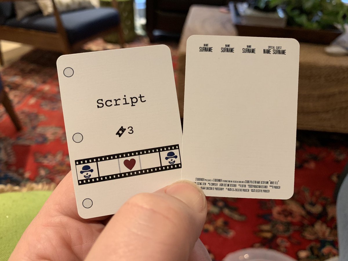 JoshuaJMills's tweet photo. Got new cards for Backlot from @thegamecrafter after @pinchback21 scolded me at #Unpub9. The back of the script cards are designed to be blank movie posters awaiting people’s art skills. The idea has no gameplay reason but just felt fun! https://t.co/rPBnJXg8MO