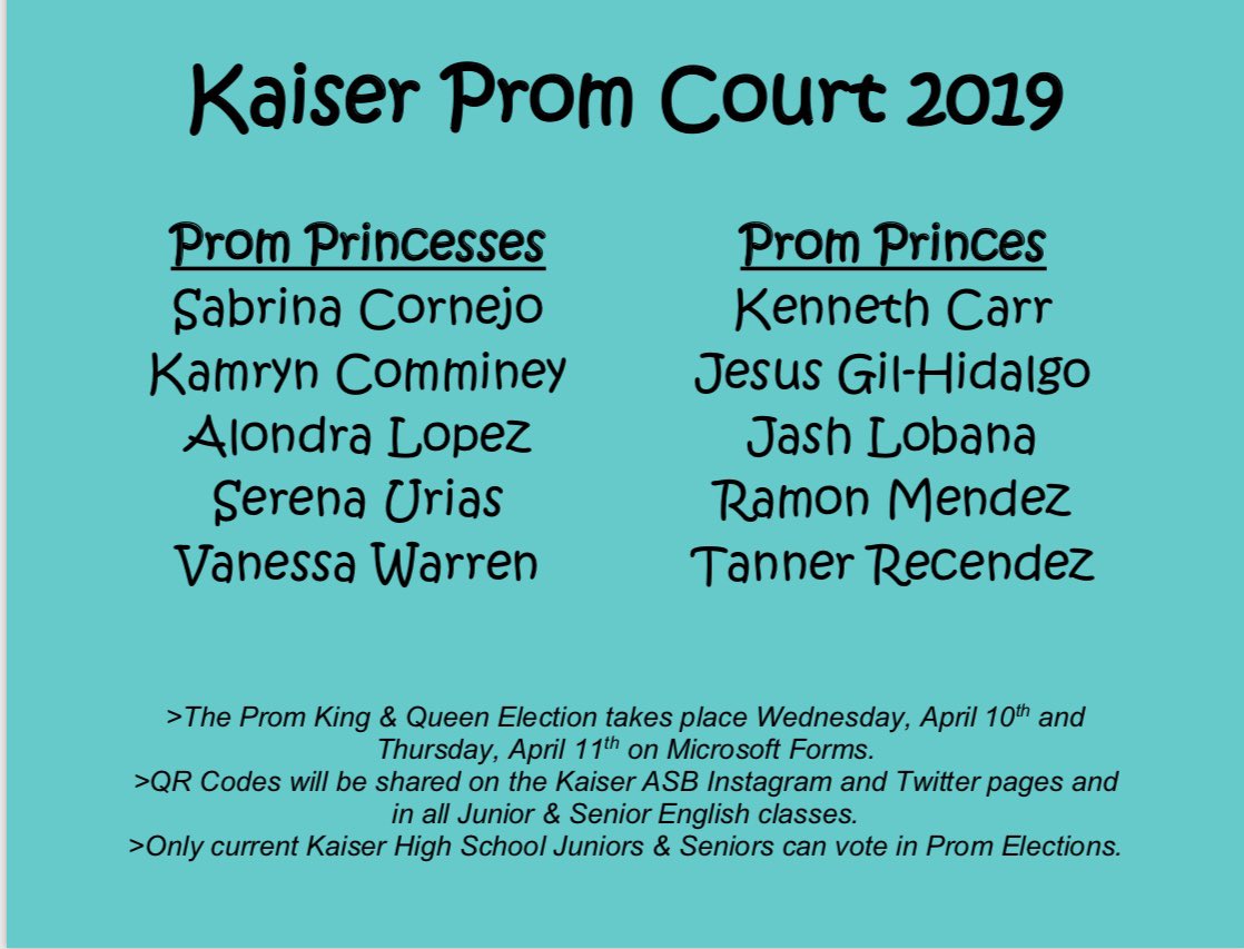 Prom Court 2019!!! All prom court members need to stop by the ASB room before 2:45pm today.