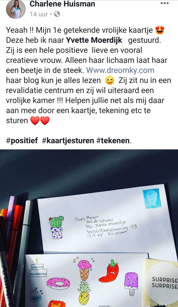 Beste mensen, ik wil de kracht van twitter inzetten namens mijn verloofde. 
Zouden jullie een positieve vrolijke kaart willen sturen?
Graag RT! En natuurlijk sturen!
Zou fantastisch zijn!