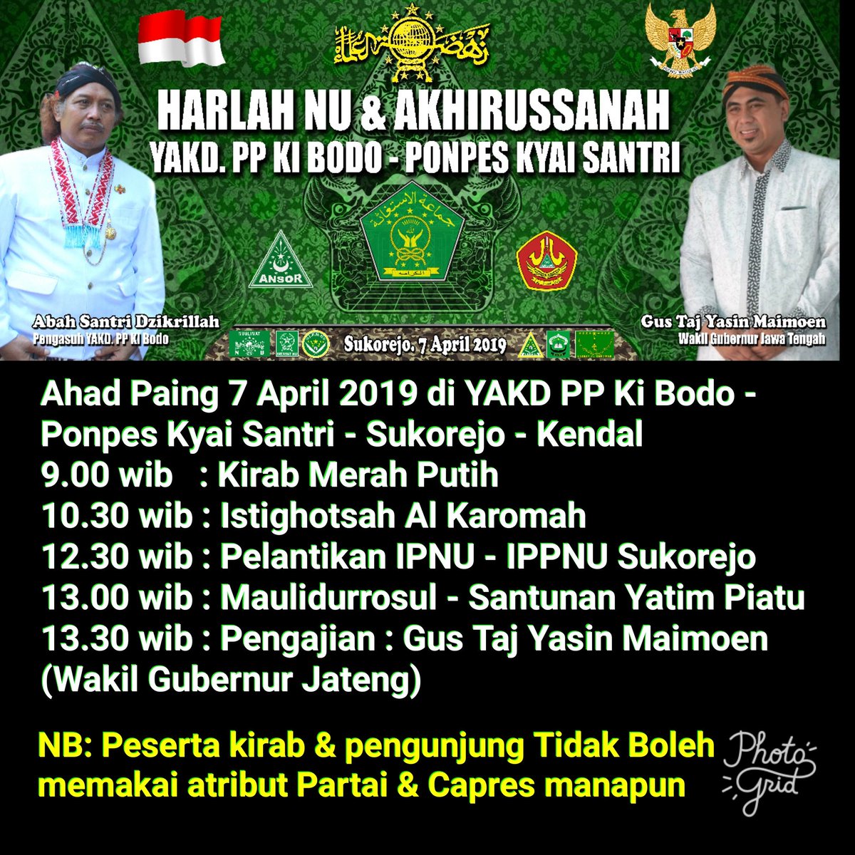 Hadiri...!!! Pengajian Umum
Harlah NU &amp; Akhirussanah YAKD PP Ki Bodo - Ponpes Kyai Santri - Sukorejo - Kendal. Ahad Paing 7 April 2019.