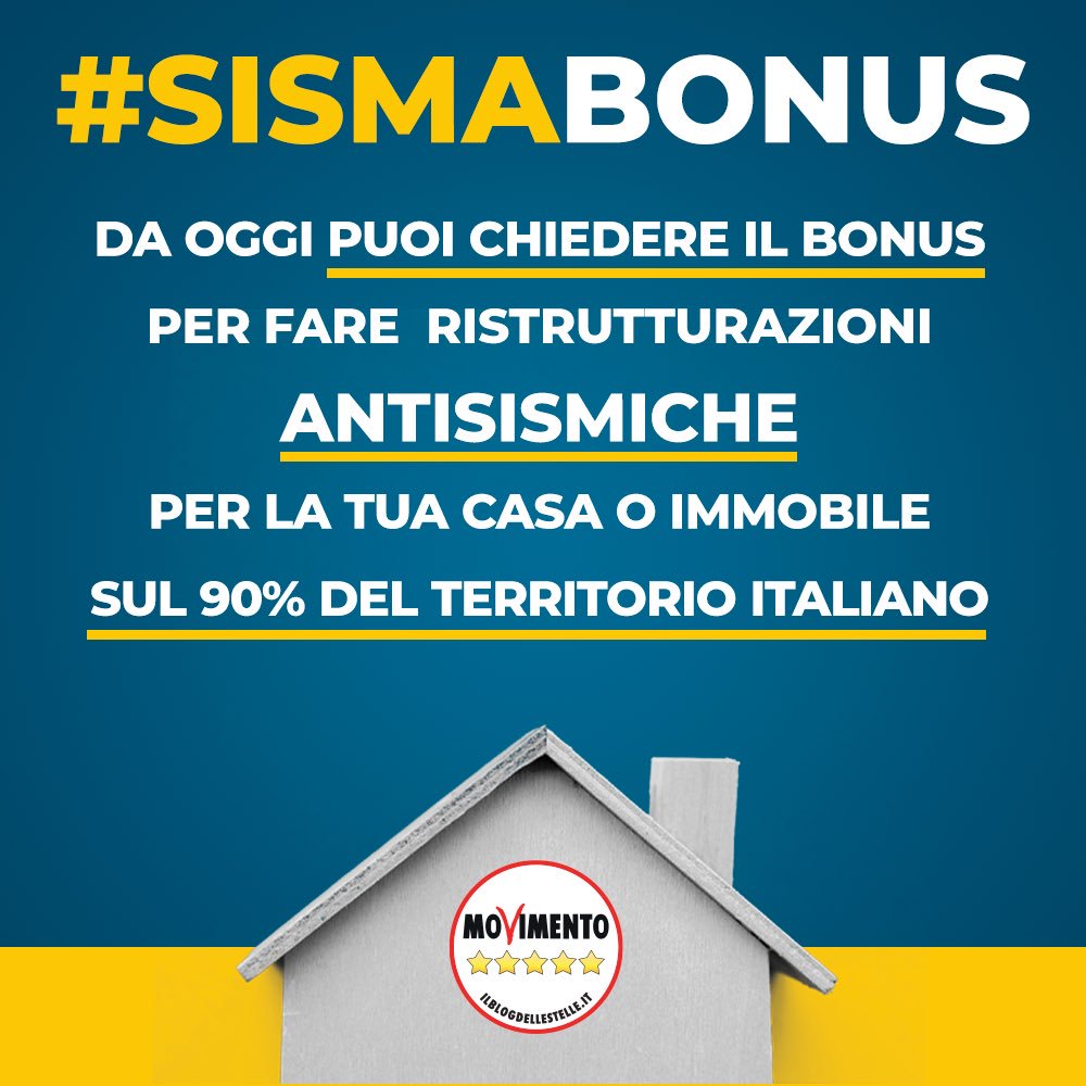 Il ministro <a href="/DaniloToninelli/">Danilo Toninelli</a> ha chiesto di estendere il #Sismabonus: questo permetterà di ristrutturare gli edifici, anche per prevenire i danni da terremoto. Prima solo il 10% del Paese poteva usufruire di questo bonus: lo abbiamo esteso al 90% delle aree 🇮🇹