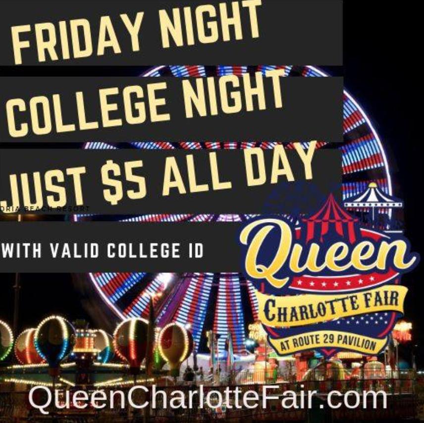 qcfair's tweet photo. COLLEGE NIGHT.  $5 entry all day with valid college id.  

https://t.co/xbU6lGlmKq

#Charlottefair
#qcf #qcfair #thecharlottefair #queencharlottefair #collegenight
#uncc #jcsu #queensu #cpcc #wakeforest #rccc #davidsoncollege #forsythtechcc
#mitchellcc_nc #wingate #jwucharlotte https://t.co/P8RQ8B0YGF