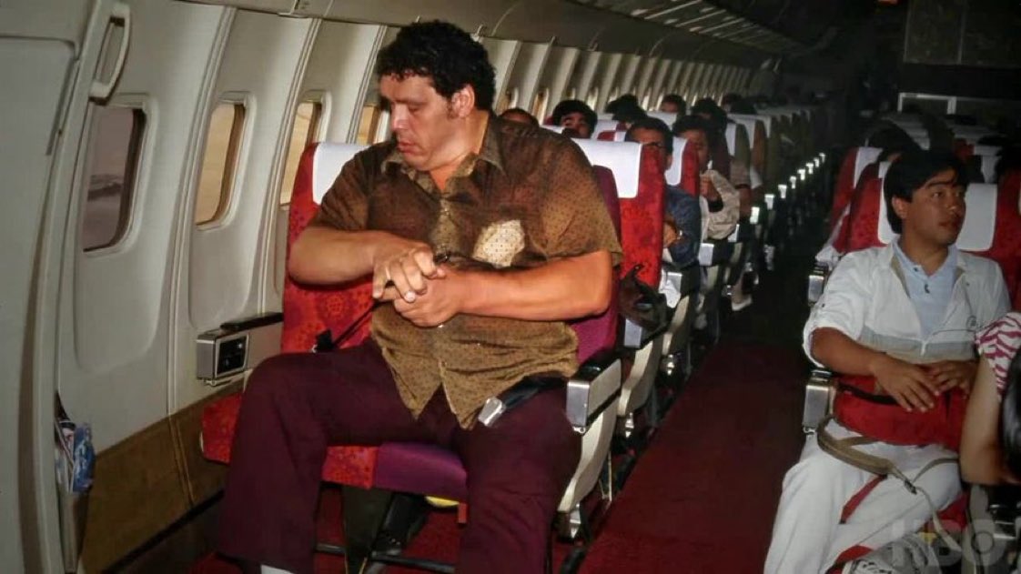 Super70sSports's tweet photo. If you thought Andre the Giant was trouble in the ring, try sitting next to him on a transoceanic flight. https://t.co/0c2oANOPlu