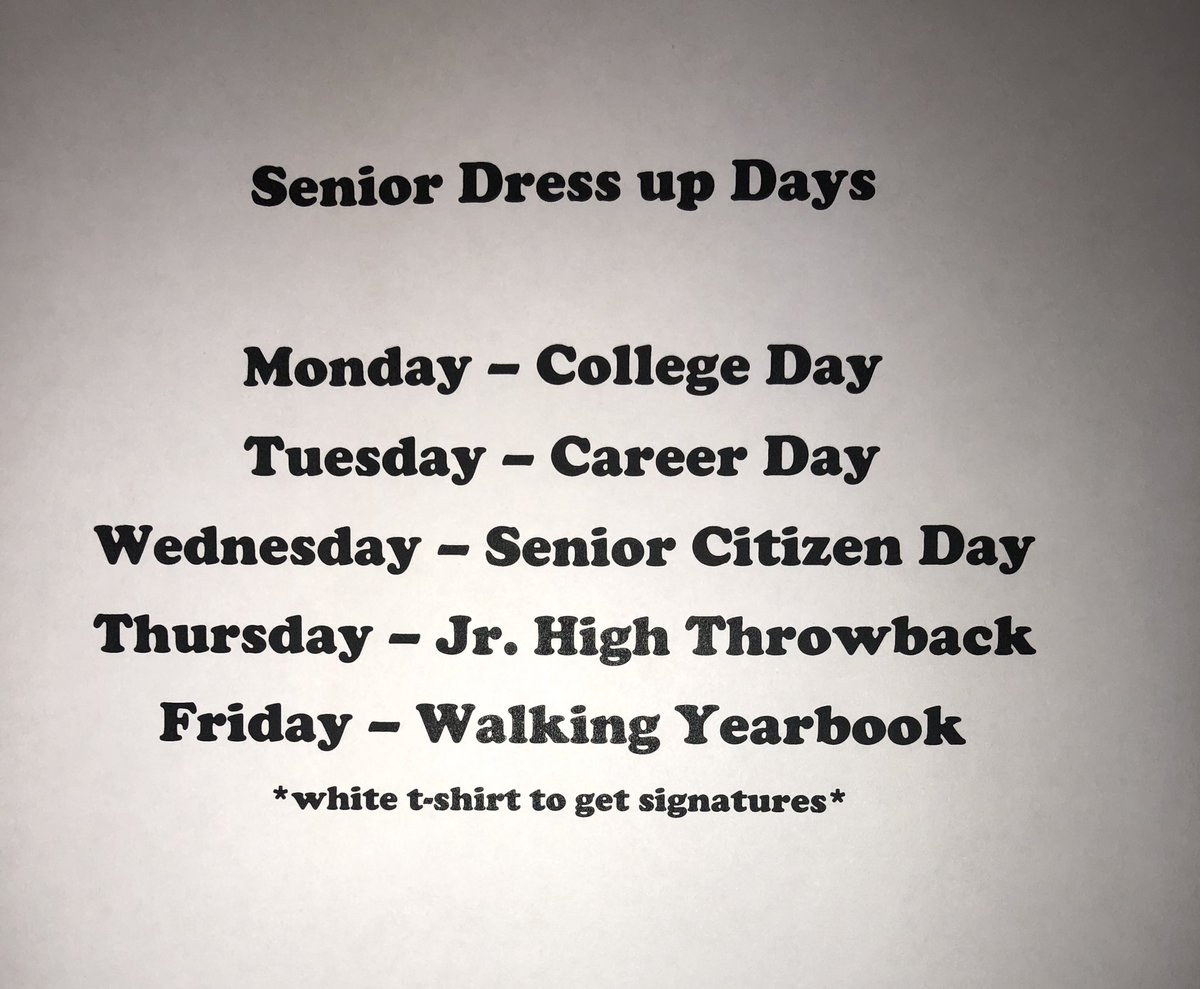 Covingtoncrazie's tweet photo. NEXT WEEK (4/8-4/12) is senior dress up week!! These are the official themes!! #lastfullweek https://t.co/xc8i7h528N