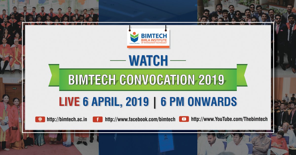 BIMTECHNoida's tweet photo. Want your friends and family to watch the #BIMTECHConvocation main event?
Watch BIMTECH #Convocation2019 LIVE on 6th April, 2019 from 6:00 PM onwards on :
Website - https://t.co/qxIPx7iLjB
Facebook Page - https://t.co/sipCphEfSZ and
YouTube Channel - https://t.co/X4R6mfjR1R https://t.co/XU6BbmMeAz