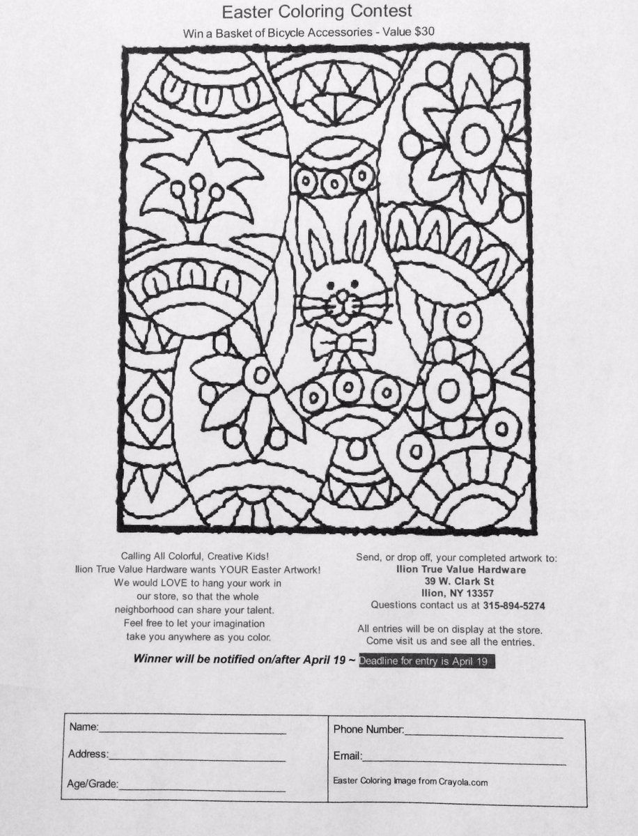 Stop by and pickup your Easter Coloring Contest entry. One Winner will receive a $30 Basket of Bicycle accessories. #ilionny #iliontruevaluehardware