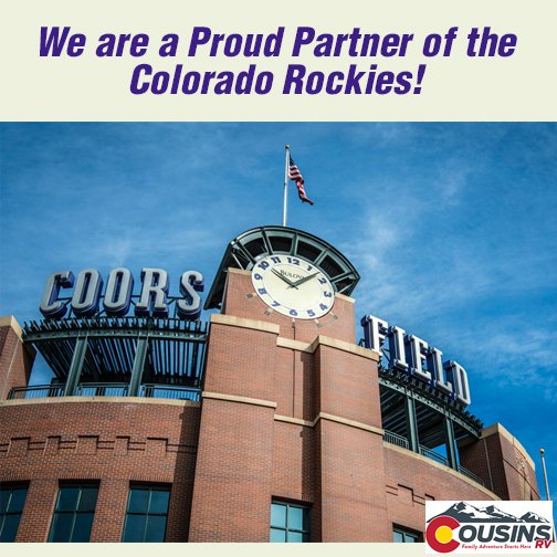 CousinsRV's tweet photo. It's officially spring &amp; we are excited to announce we are a proud partner of the Colorado Rockies! Who is ready for Colorado Rockies #OpeningDay??
Comment #gorockies if you're a true fan!! 
#ColoradoRockies #WeLoveBaseball https://t.co/DQrQ6bTwPL