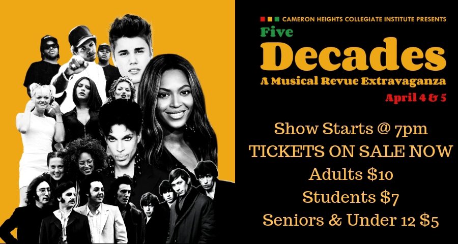 The reviews are in: 5 Decades A musical Extravaganza is a hit!

“I couldn’t sleep when I got home...I’m still singing and dancing!”

“The show was so well done with hilarious skits, awesome music, singing and dancing.”

2nd show is tonight 7pm at CHCI. Tickets ($10) at the door