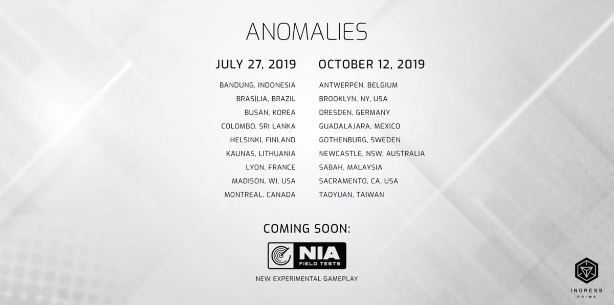 We're excited to reveal more information about the 2019 Ingress events! Anomaly Series have been identified for July 27, 2019 and October 12, 2019. Mission Day applications for the rest of 2019 have also been opened.