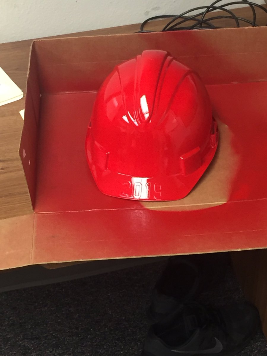 CoachWeldy's tweet photo. Found the 2019 Hard Hat and it got its first coat of paint! Spring break rummage shopping!#5like1 https://t.co/8TwBbuZT6D