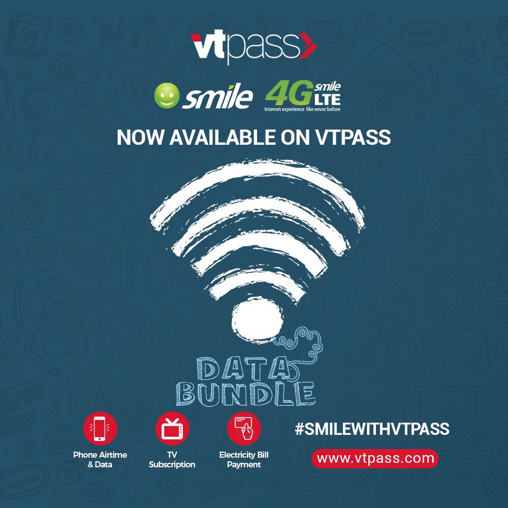 vtpass's tweet photo. 📢📢ANNOUNCEMENT

We are beyond excited to inform you that VTpass has just launched the Smile 4G LTE network on its platform.

You can now purchase Smile 4G data &amp; airtime on https://t.co/v1sVLBdoSk
#vtpass #SmilewithVTpass #Smilenetwork #Smile #SmileData #Smile4G https://t.co/wxhiM2HO3O