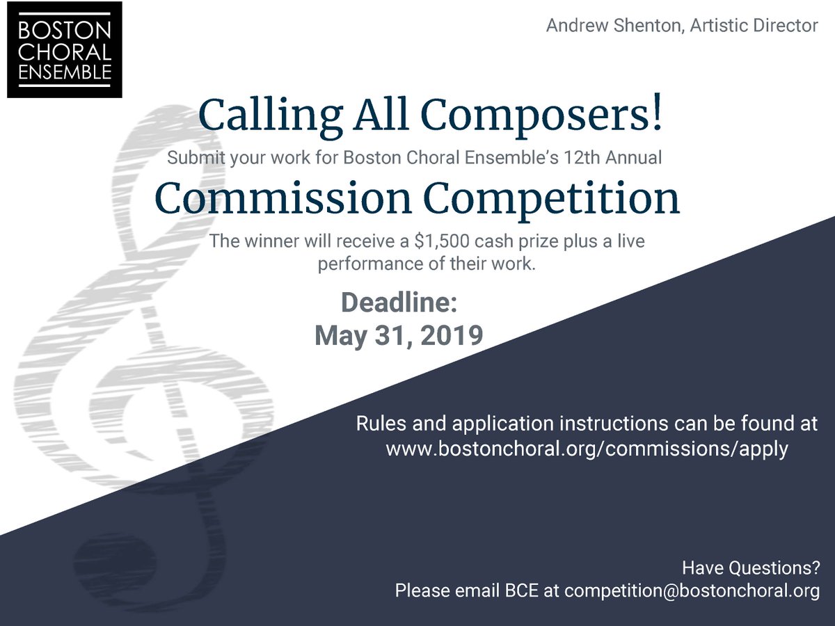 Want BCE to sing your music? Apply to the Commission Competition! The winner will compose a new wintertime carol for BCE’s popular Holiday Concert and win a $1500 prize. Details at bostonchoral.org/commissions/ap…. Spread the word!