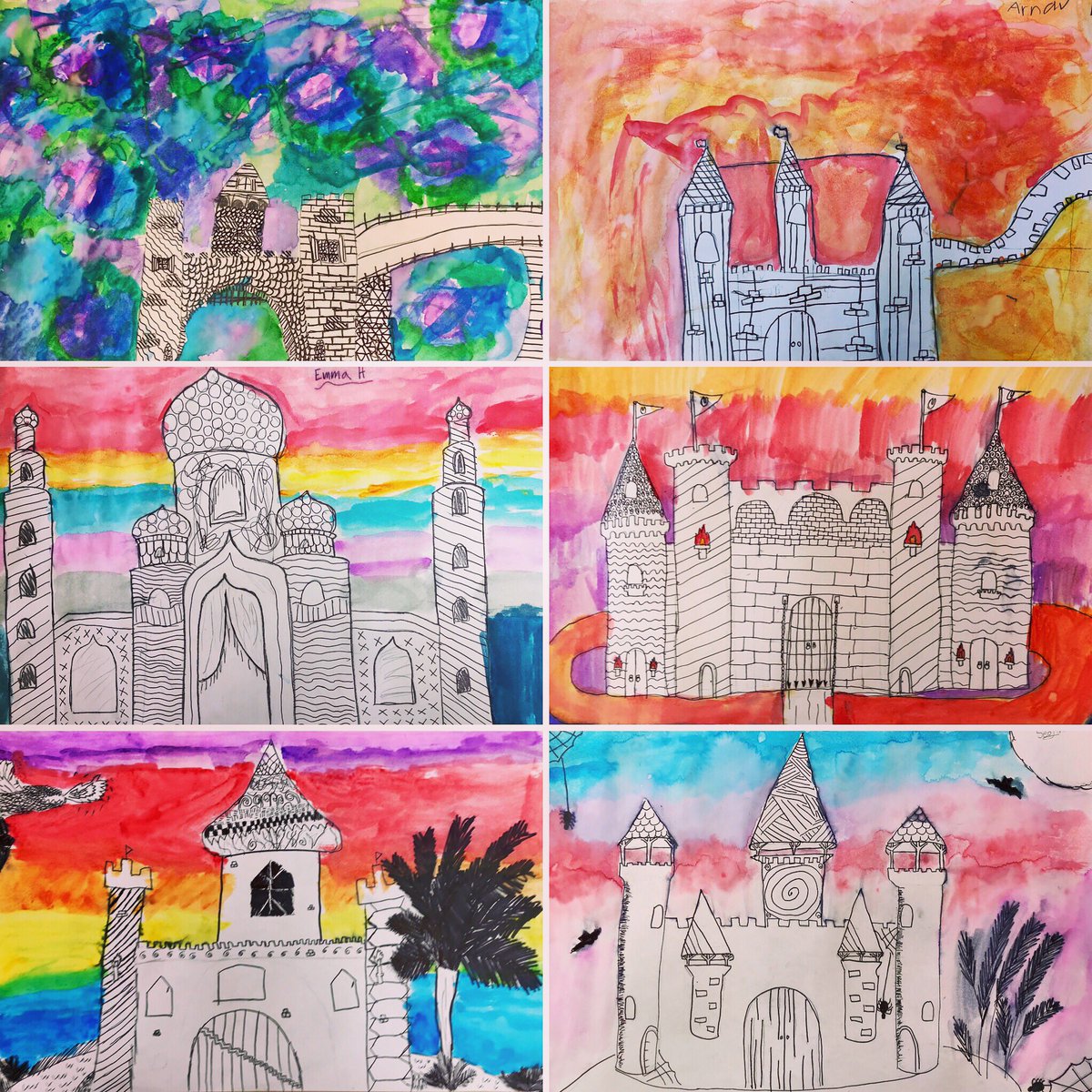 Grade 3 zentangle castles with watercolor backgrounds <a href="/Baker3F/">Whitney Fairley</a> 
#elementaryart #elementaryartprojects #3rdgrade #castles #watercolor #artteachersofinstagram #artteachersofig