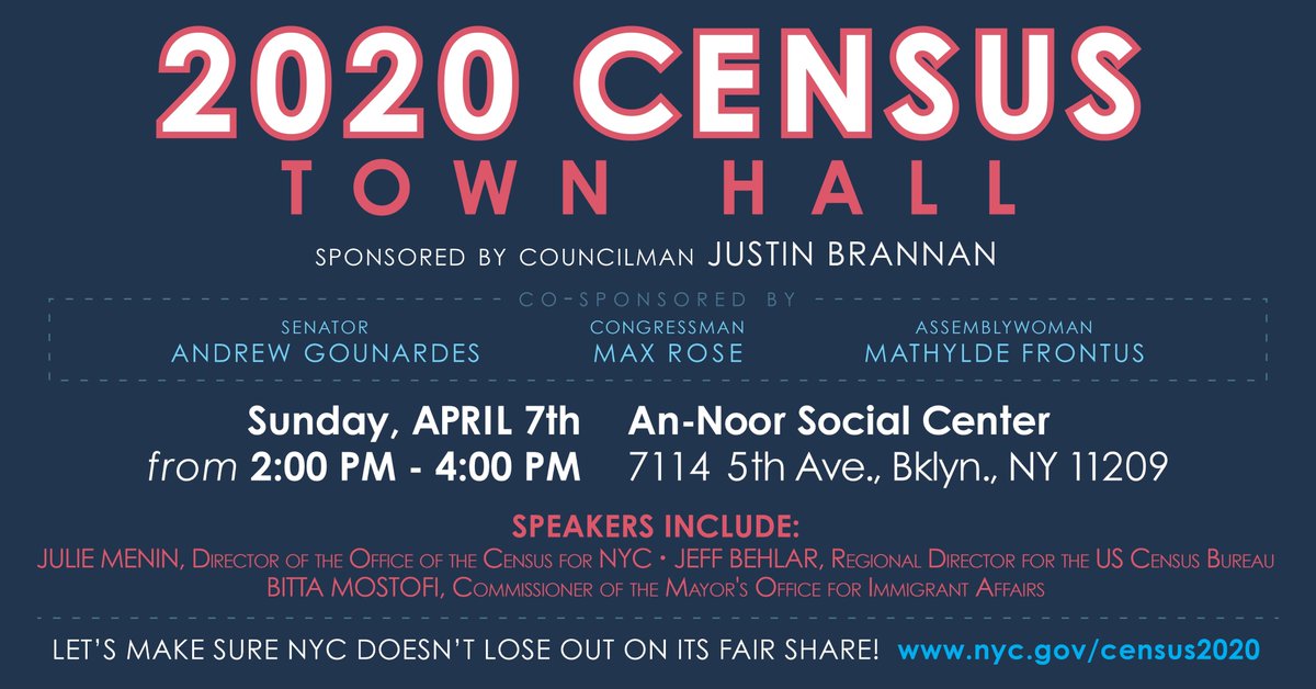 agounardes's tweet photo. Countdown to #2020Census has begun!
Join local elected officials & advocacy groups at this Sunday's (4/7) town hall to discuss what’s at stake in the fight to #MakeBrooklynCount. See below for more details 👇👇 #countmeinNYC https://t.co/Jg0cj73yQj