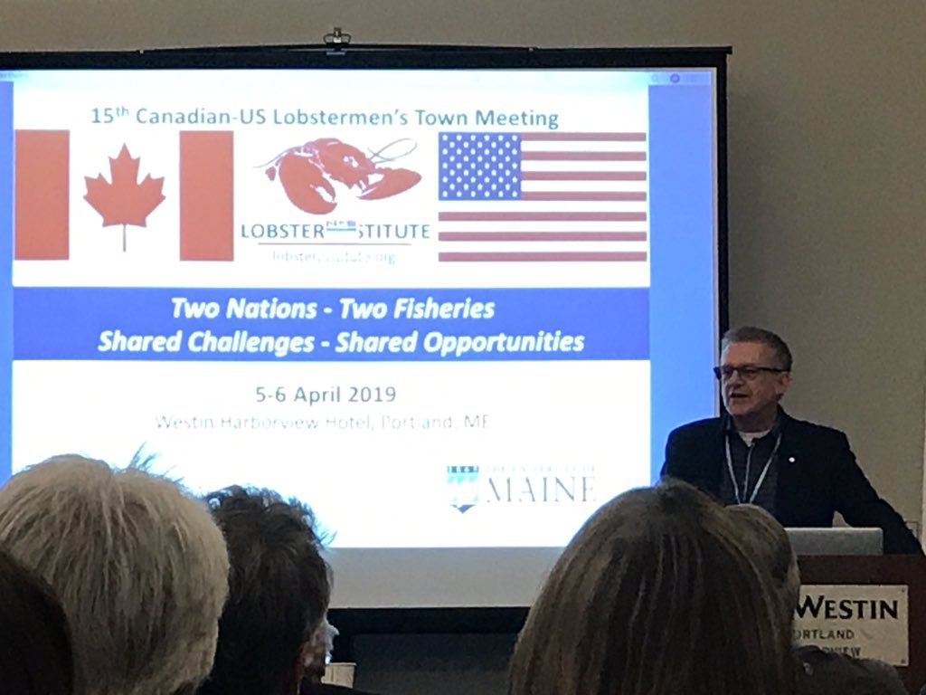MB_Meade's tweet photo. The #lobster industry is incredibly integrated between Canada and the US.  Ty @CGAlward for addressing the group of Maine and Canadian fishermen. #FriendsPartnersAllies 🇨🇦 🇺🇸 🦞 https://t.co/x19gpahLag