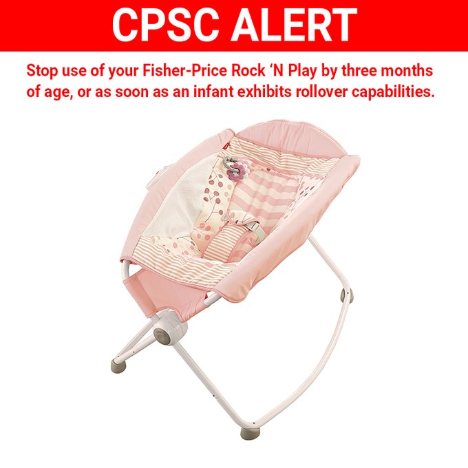 CPSC Alert Stop use of your Fisher Price Rock 'N Play by three months of age, or as soon as an infant exhibits rollover capabilities.