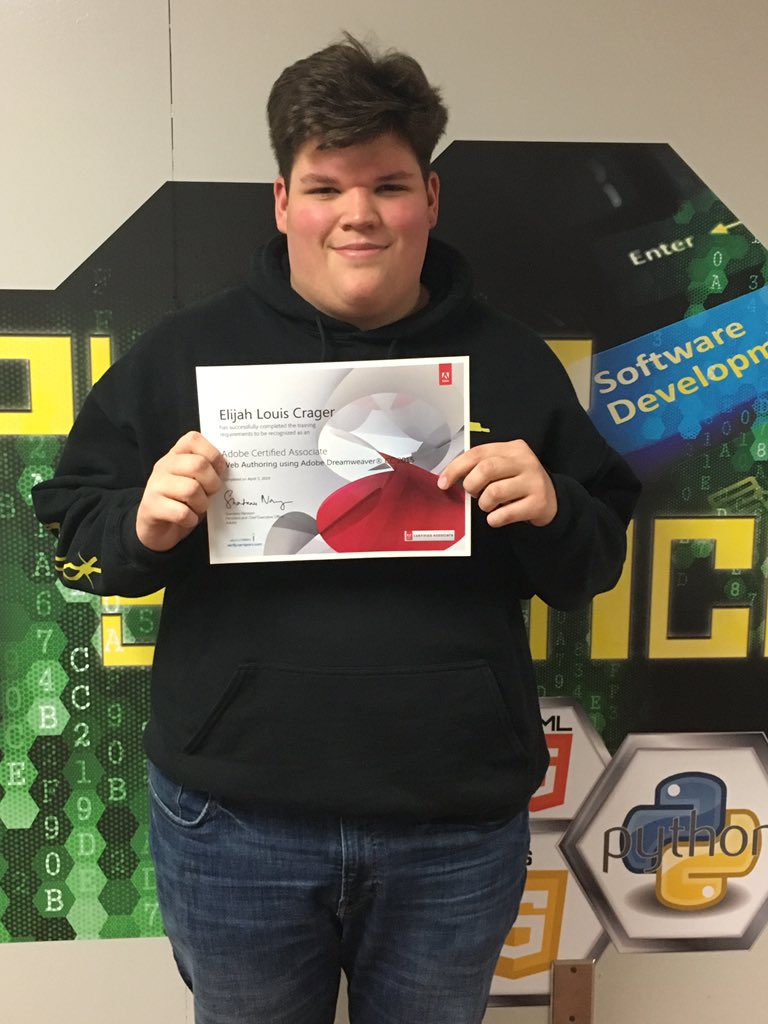 JamieOKey's tweet photo. We are on a roll! Elijah Crager and Samantha Segura earned certifications today ACA Dreamweaver #adobe #dreamweaver #Webdesign https://t.co/JCEAhztkSp