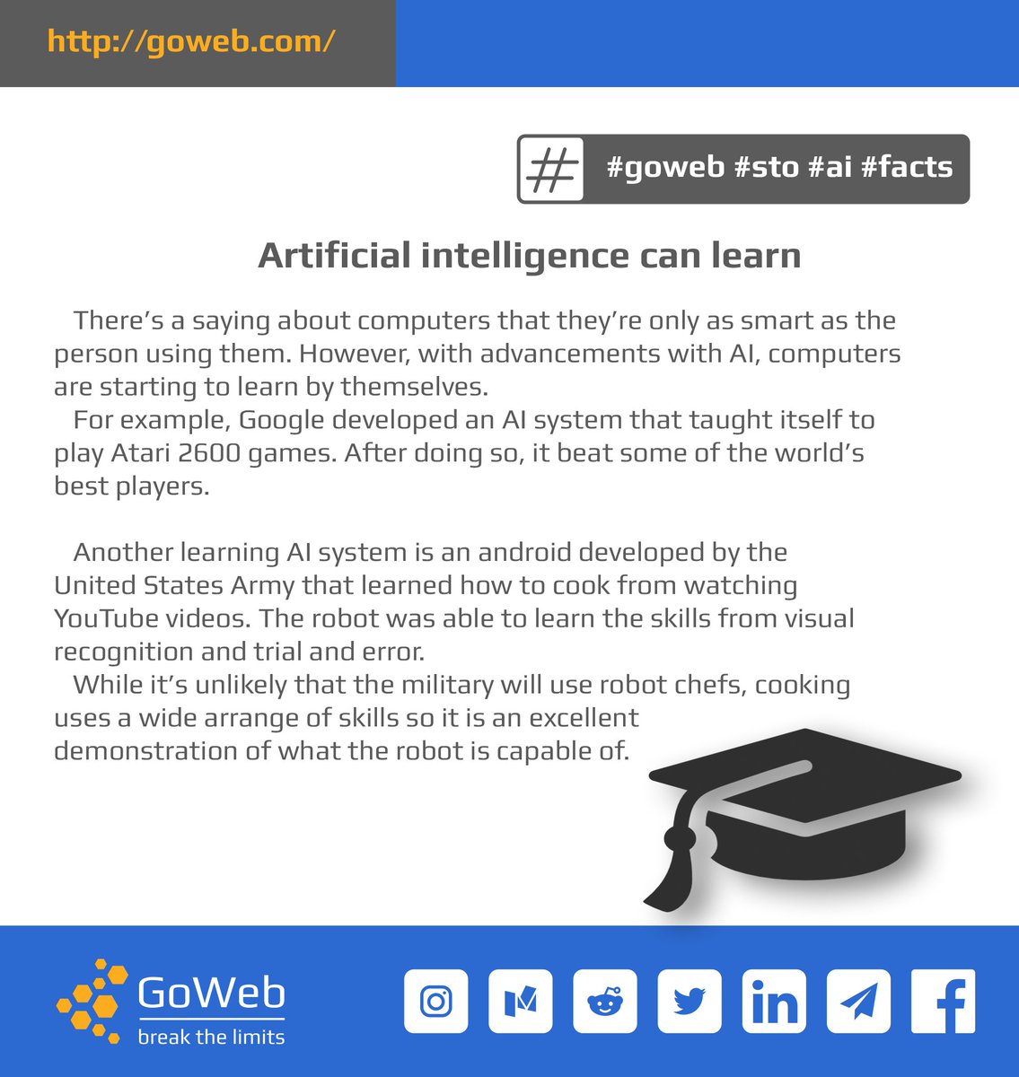 GoWebSTO's tweet image. 👨‍🎓 Artificial intelligence can learn

goweb.com 

#goweb #sto #ai #facts