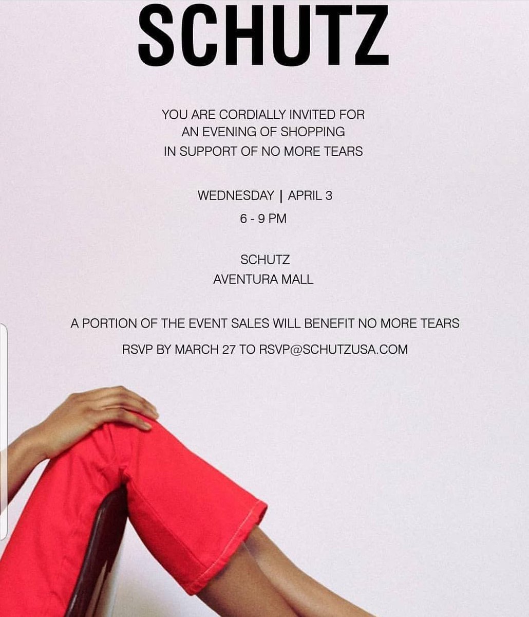 stylecurator_'s tweet photo. Schutz for a cause! #shopforacause #shoesforacause ππ Join fab miami fashion insiders at the @schutz @aventuramall for an in store event for #nomoretears ππππ https://t.co/53bKqonmBL
