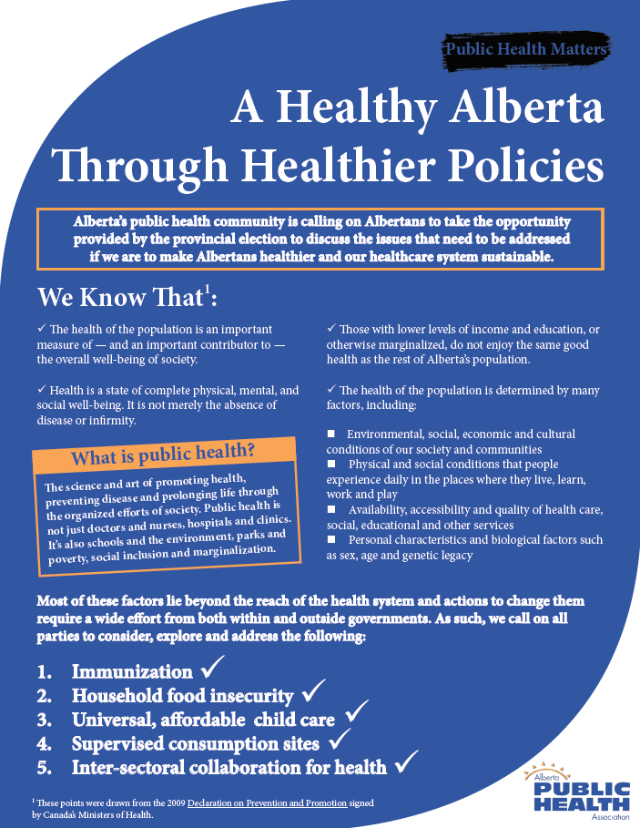 APCCP's tweet photo. We're calling on all parties to make Albertans healthier by addressing:

✅ Immunization
✅ Household food insecurity
✅ Universal, affordable child care
✅ Supervised consumption sites
✅ Inter-sectoral collaboration for health

Read more: https://t.co/qMYjkNsPqc

#abvote #ableg https://t.co/NoEqvWClLi