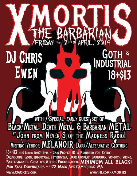 Xmortis Goth Night (@textmortis) on Twitter photo #Xmortis the Barbarian returns Friday, Apr 12 w/ DJ <a href="/djchrisewen/">chris ewen</a> & John from NSTM Radio & Visiting Vendor, MELANOIR!
facebook.com/events/7562501… #Xmortis the Barbarian returns Friday, Apr 12 w/ DJ <a href="/djchrisewen/">chris ewen</a> & John from NSTM Radio & Visiting Vendor, MELANOIR!
facebook.com/events/7562501…