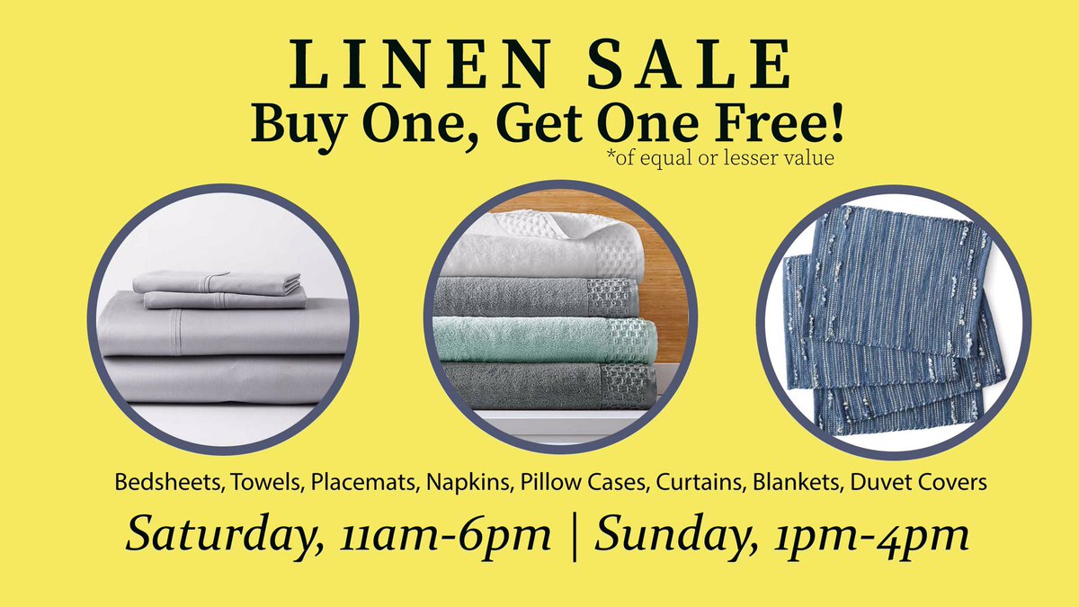 MonarchThrift's tweet photo. What’s happening tomorrow? SPRING LINENS! Come in and take advantage of this buy one, get one FREE linen sale! https://t.co/WbqpmC6Ghv