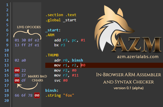 Fox0x01's tweet image. The first version of my ARM Assembler is finally finished! 🖤
AZM - Live ARM Assembler and Syntax Checker: azm.azerialabs.com
- Supports most 32-bit ARM and 16-bit Thumb instructions
- Automatic assembly of instructions as you type
- Marks zero-bytes in output as you type