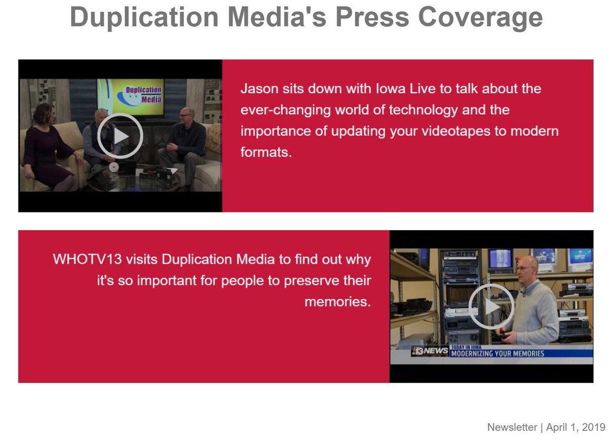 dupsmedia's tweet photo. Our April newsletter is a quick read, perfect to read over a cup of coffee.

"Duplication Media's Press Coverage"

It highlights the recent local news coverage by @WHOhd and @IowaLive23 as well as the importance of preserving your memories.

https://t.co/wNVJNBZcoX https://t.co/QvHvAaMMzR